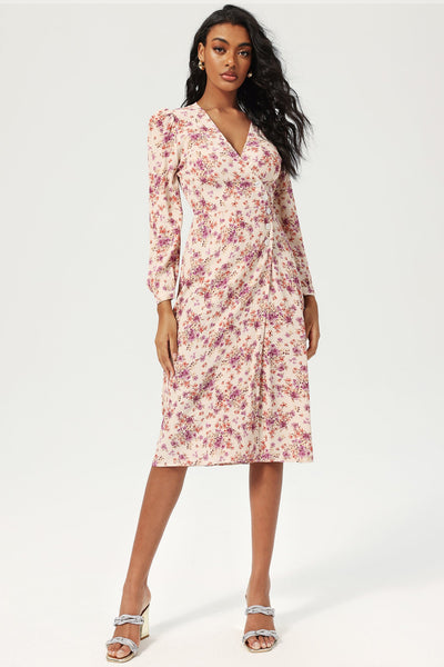 Reyanna™ | Floral Long Sleeve V-Neck Lace Up Split Midi Dress Purple
