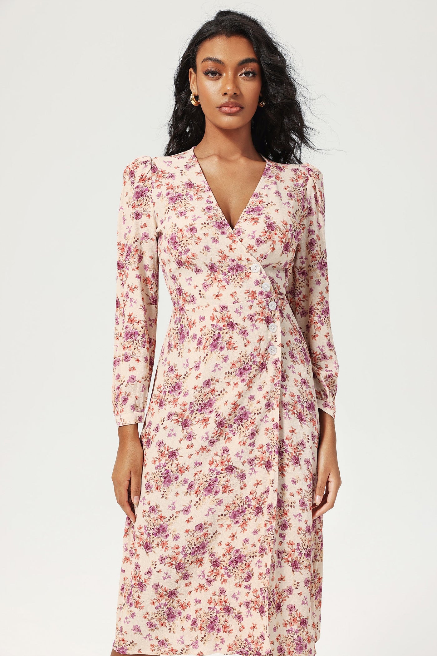 Reyanna™ | Floral Long Sleeve V-Neck Lace Up Split Midi Dress Purple