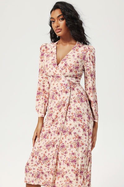 Reyanna™ | Floral Long Sleeve V-Neck Lace Up Split Midi Dress Purple