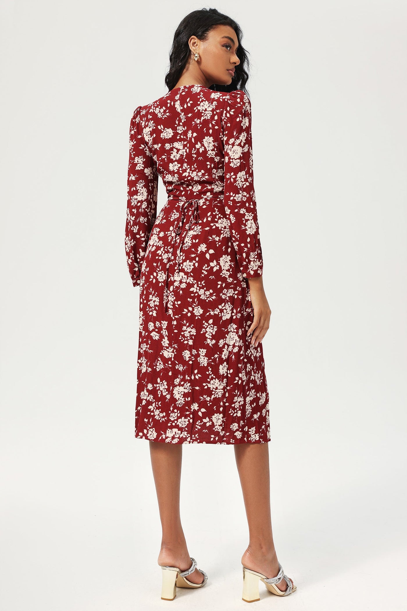 Reyanna™ | Floral Long Sleeve V-Neck Split Midi Dress Red