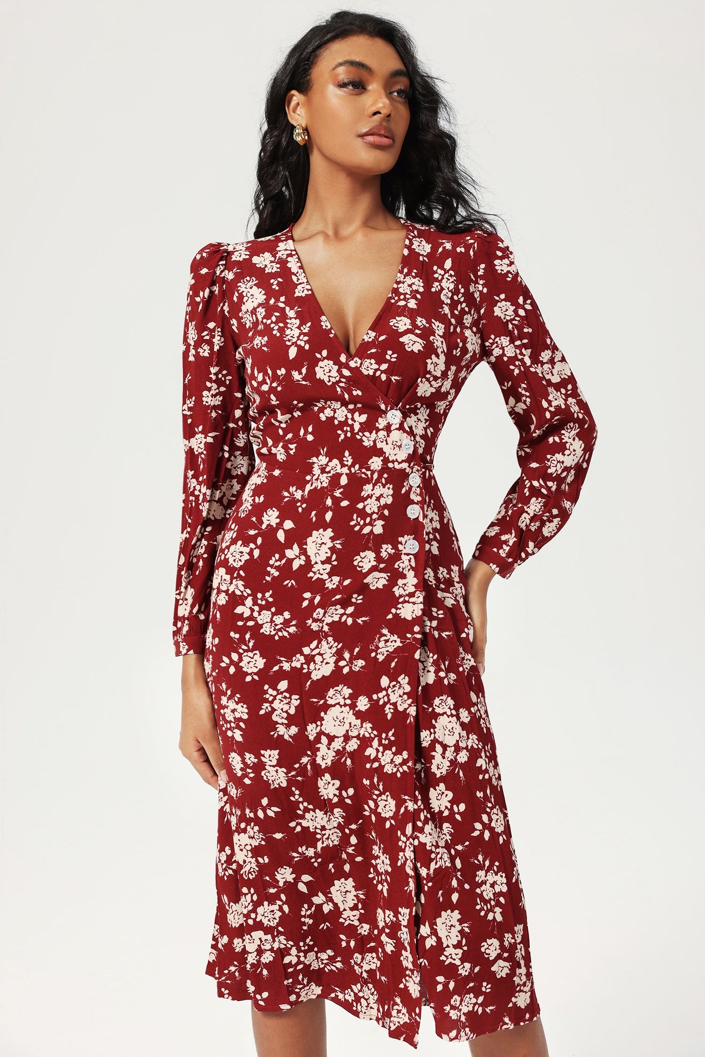 Reyanna™ | Floral Long Sleeve V-Neck Split Midi Dress Red