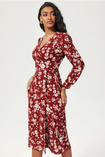 Reyanna™ | Floral Long Sleeve V-Neck Split Midi Dress Red