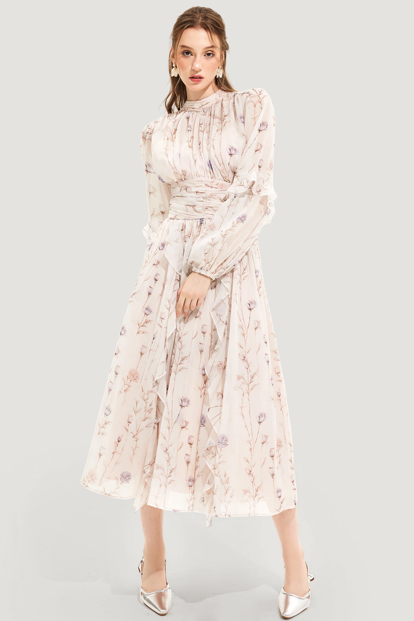 Reyanna™ | Floral Round Neck Puff Sleeve Midi Dress