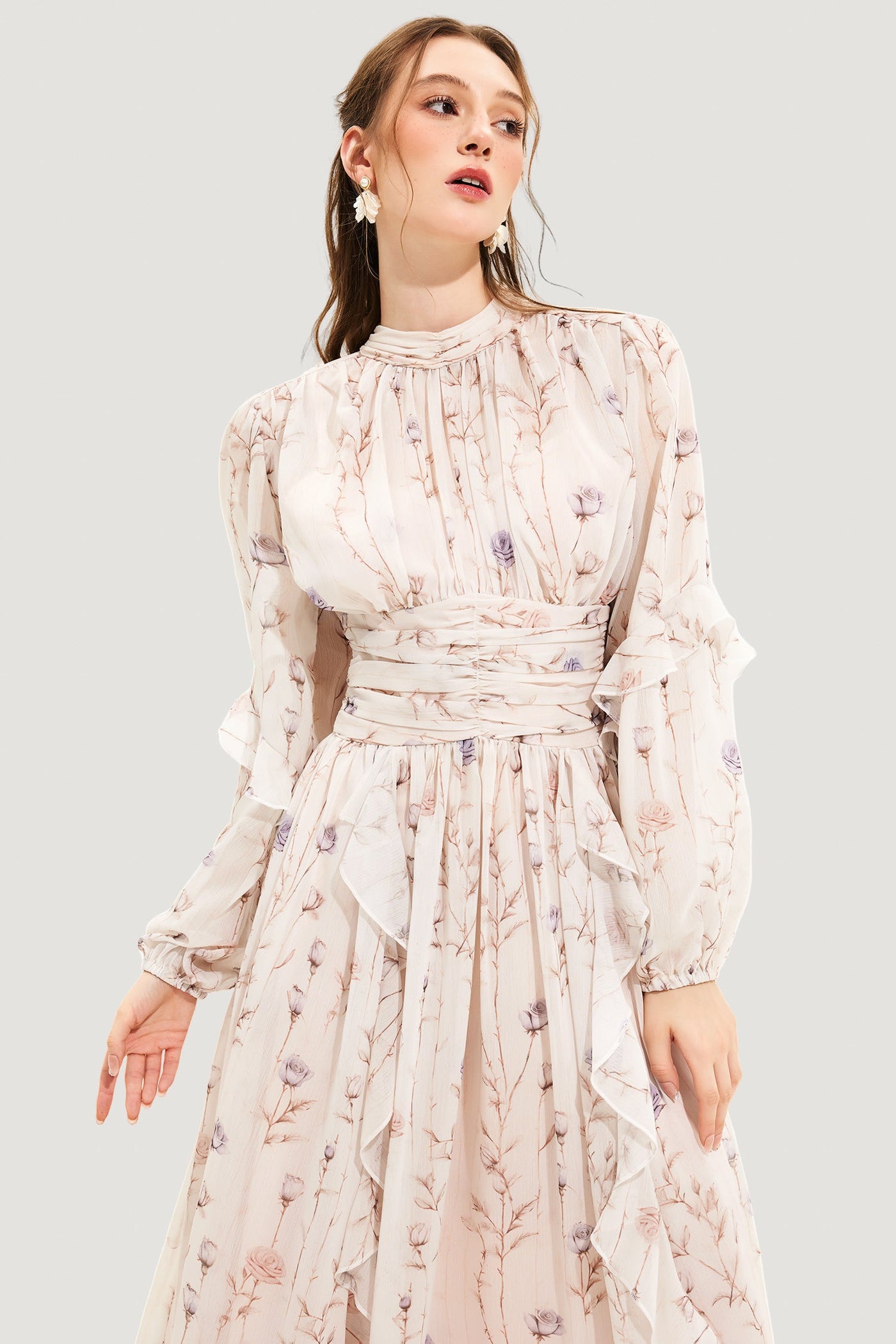 Reyanna™ | Floral Round Neck Puff Sleeve Midi Dress