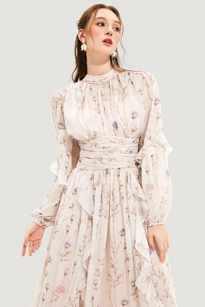 Reyanna™ | Floral Round Neck Puff Sleeve Midi Dress