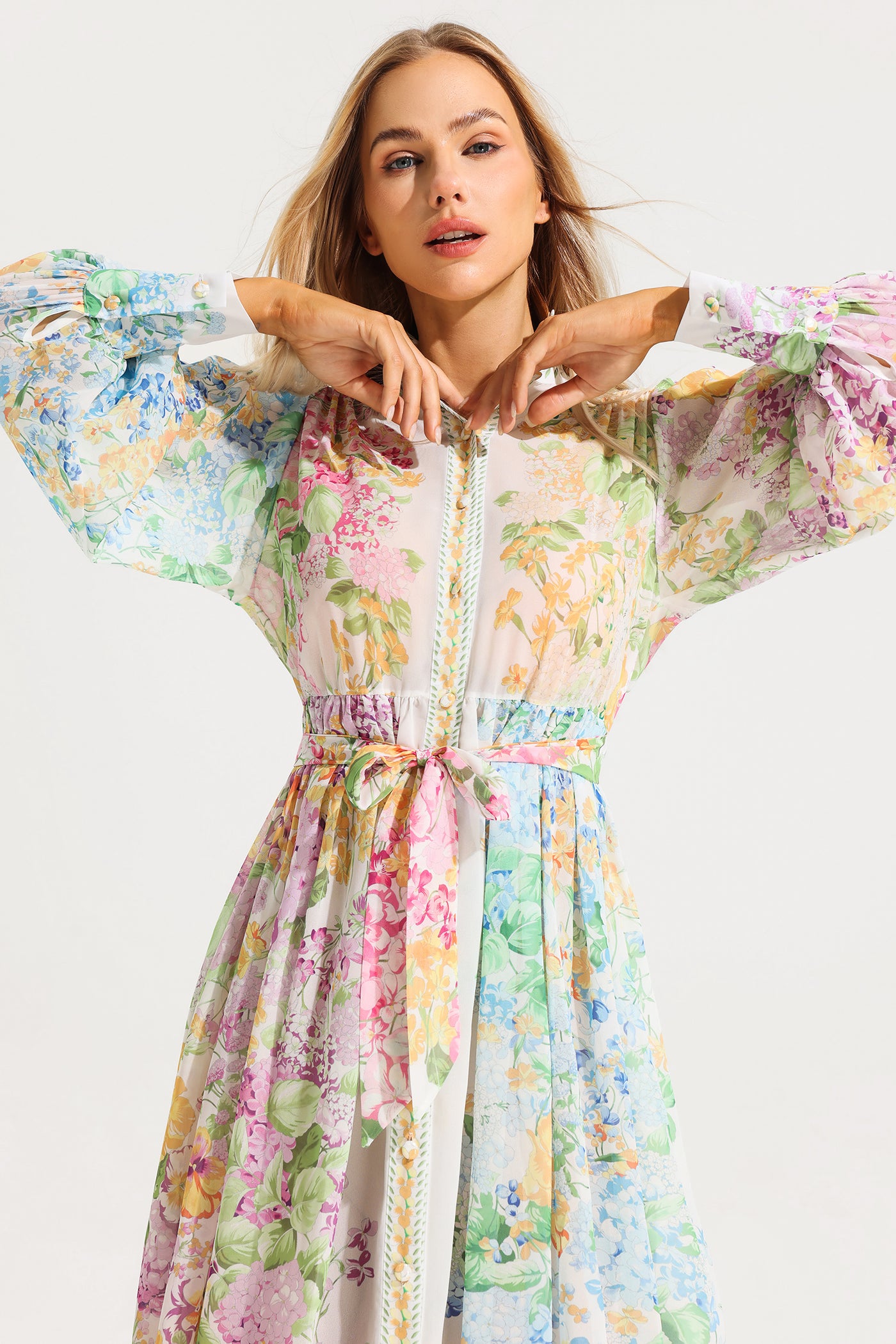Reyanna™ | Floral Long Sleeves Midi Dress With Belt