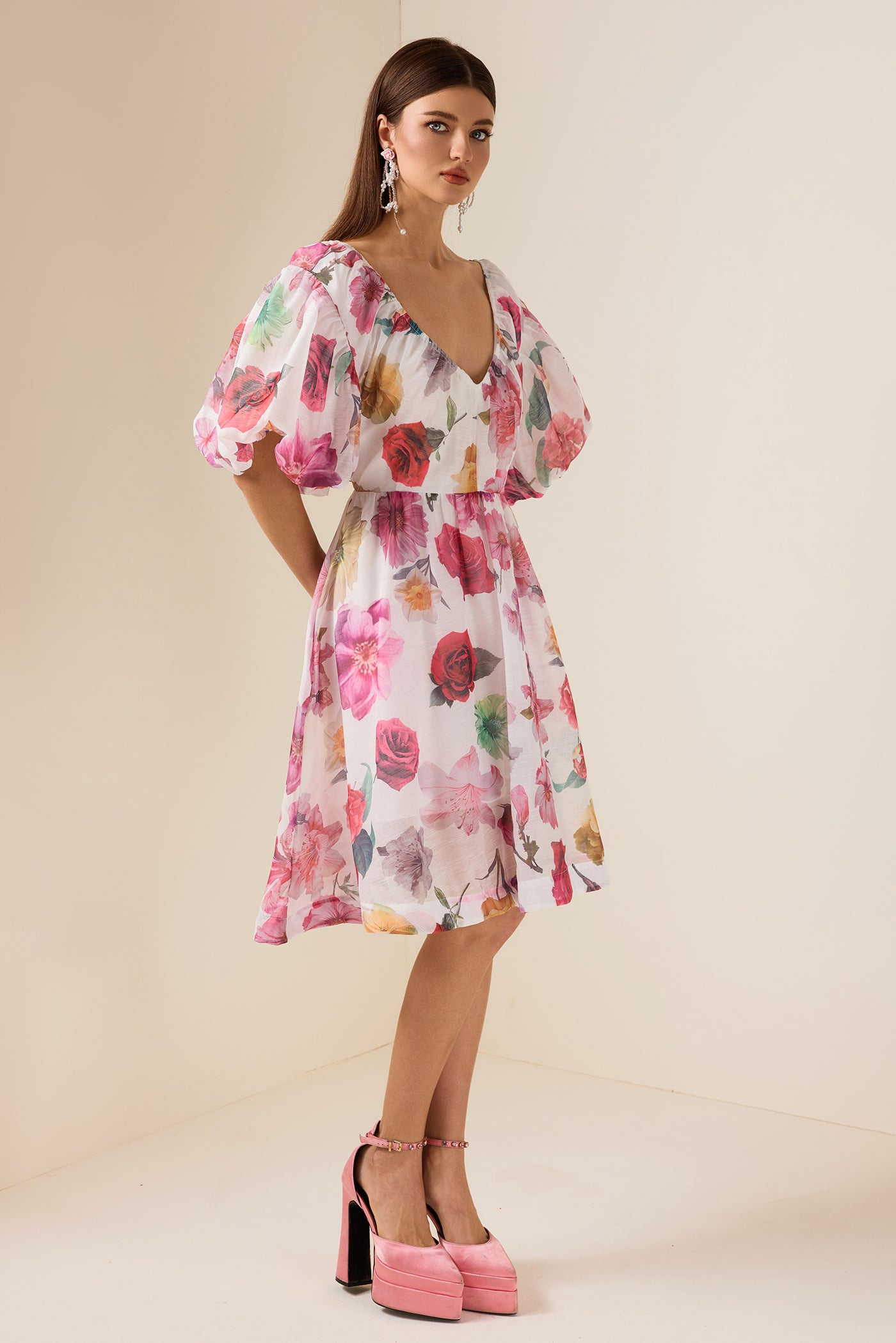 Reyanna™ | Floral V-Neck Puff Sleeve Mini Dress
