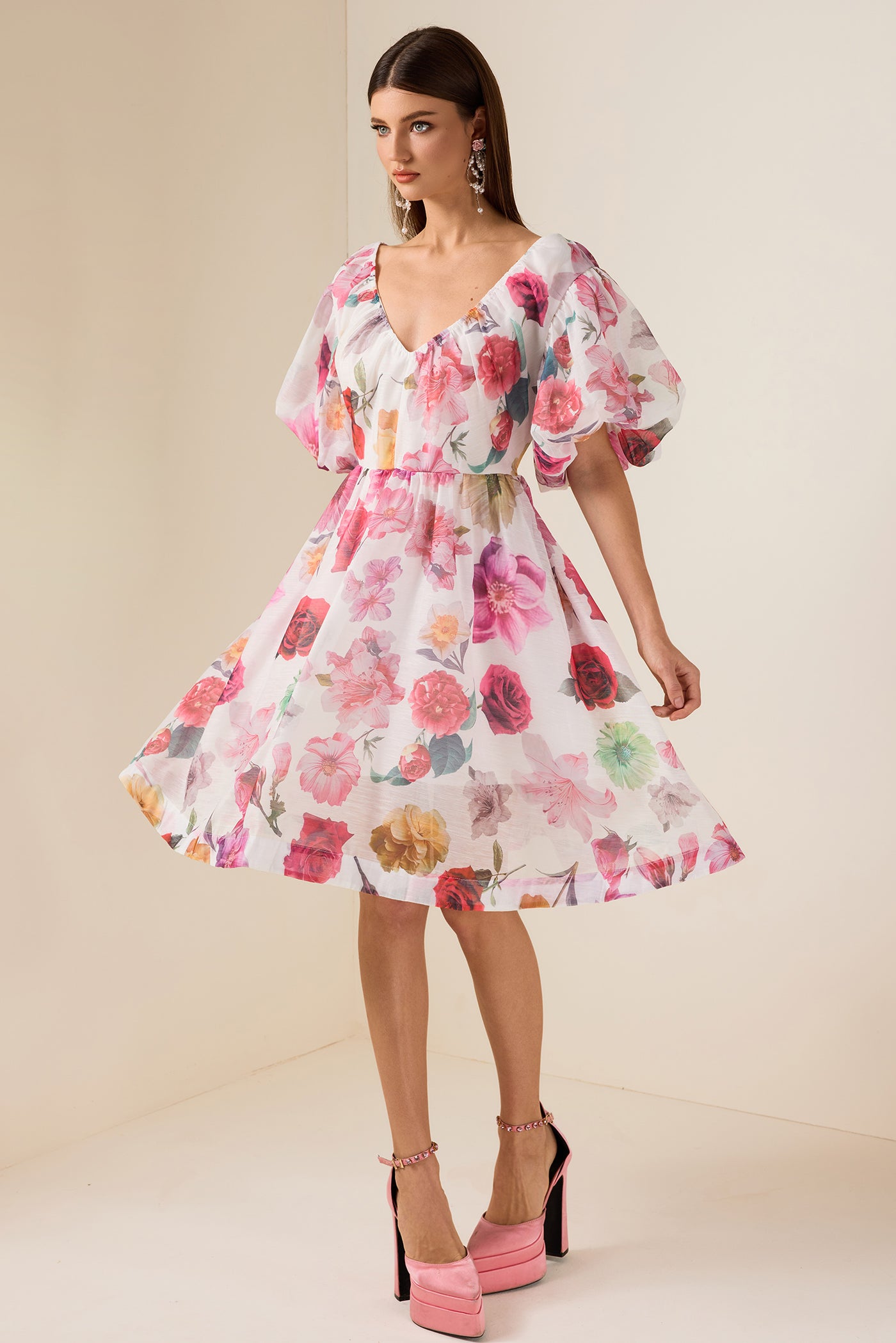 Reyanna™ | Floral V-Neck Puff Sleeve Mini Dress