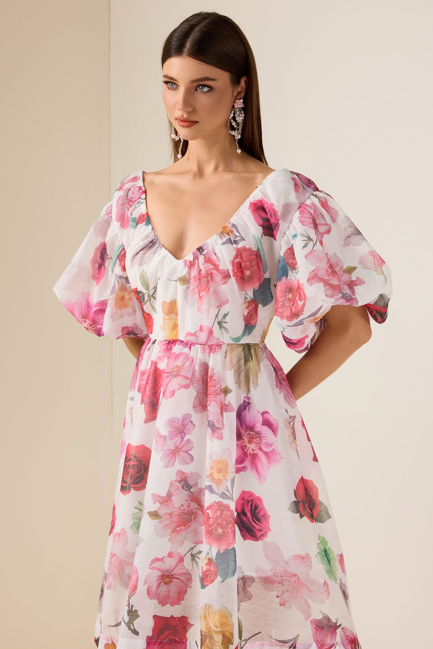 Reyanna™ | Floral V-Neck Puff Sleeve Mini Dress