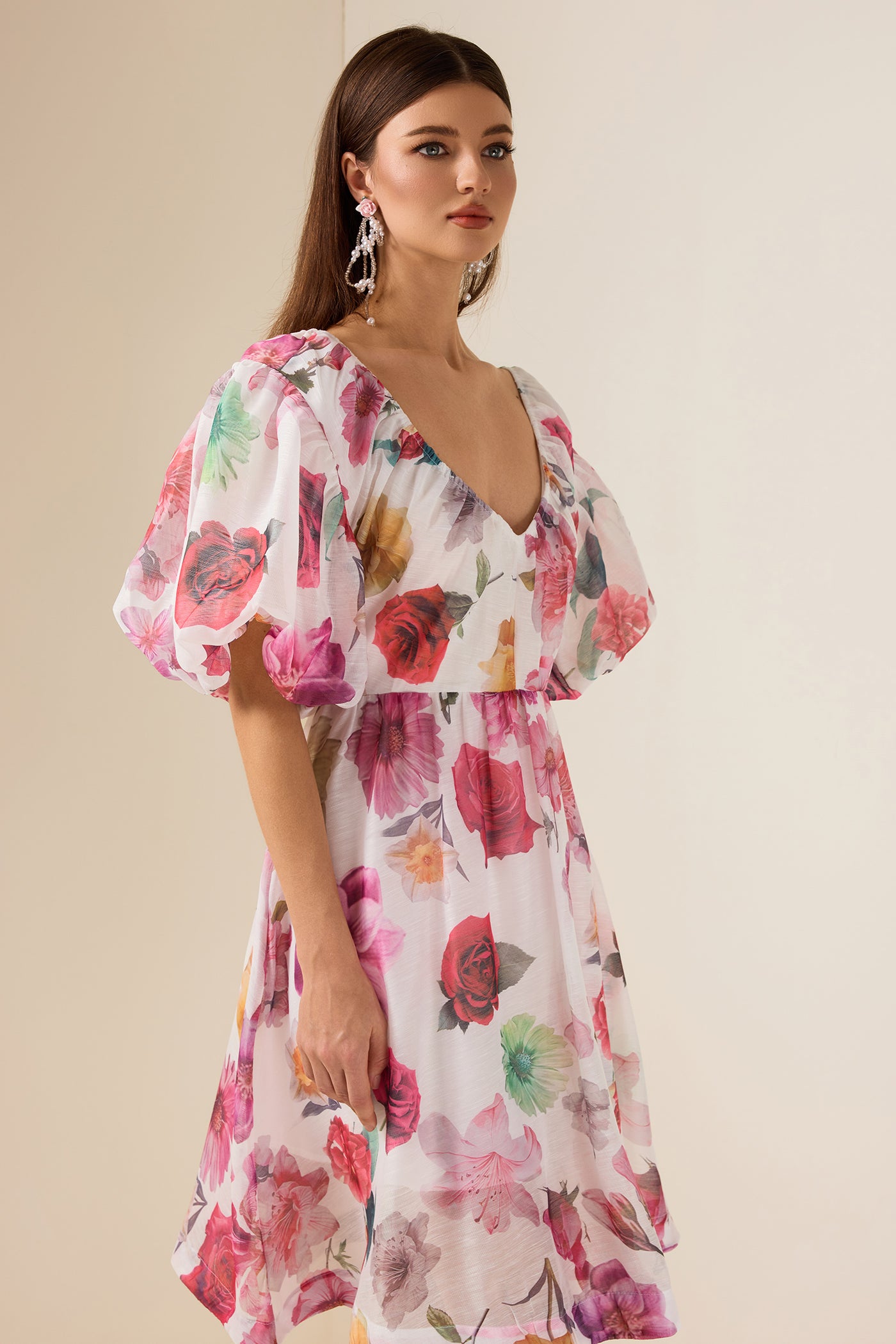 Reyanna™ | Floral V-Neck Puff Sleeve Mini Dress