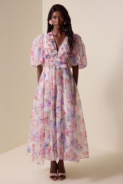 Reyanna™ | Floral V-Neck Lantern Sleeve Midi Dress