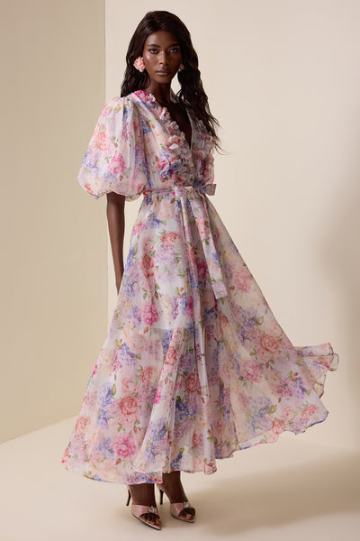 Reyanna™ | Floral V-Neck Lantern Sleeve Midi Dress