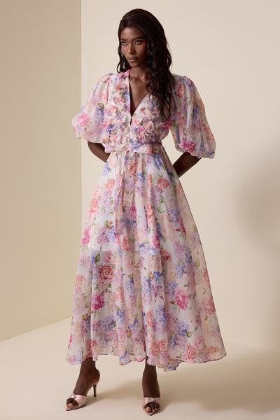 Reyanna™ | Floral V-Neck Lantern Sleeve Midi Dress