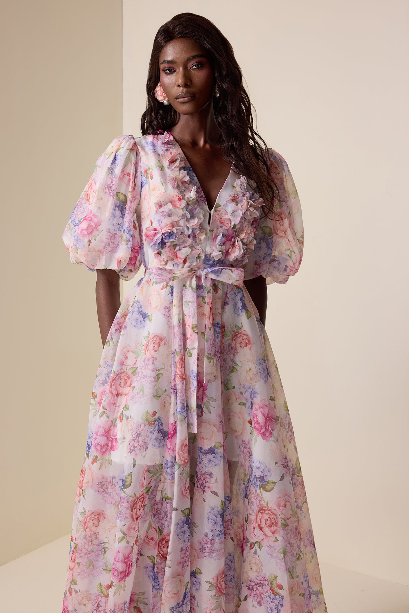 Reyanna™ | Floral V-Neck Lantern Sleeve Midi Dress
