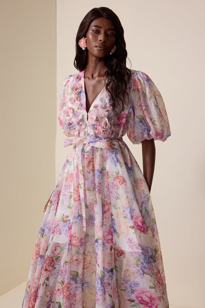 Reyanna™ | Floral V-Neck Lantern Sleeve Midi Dress