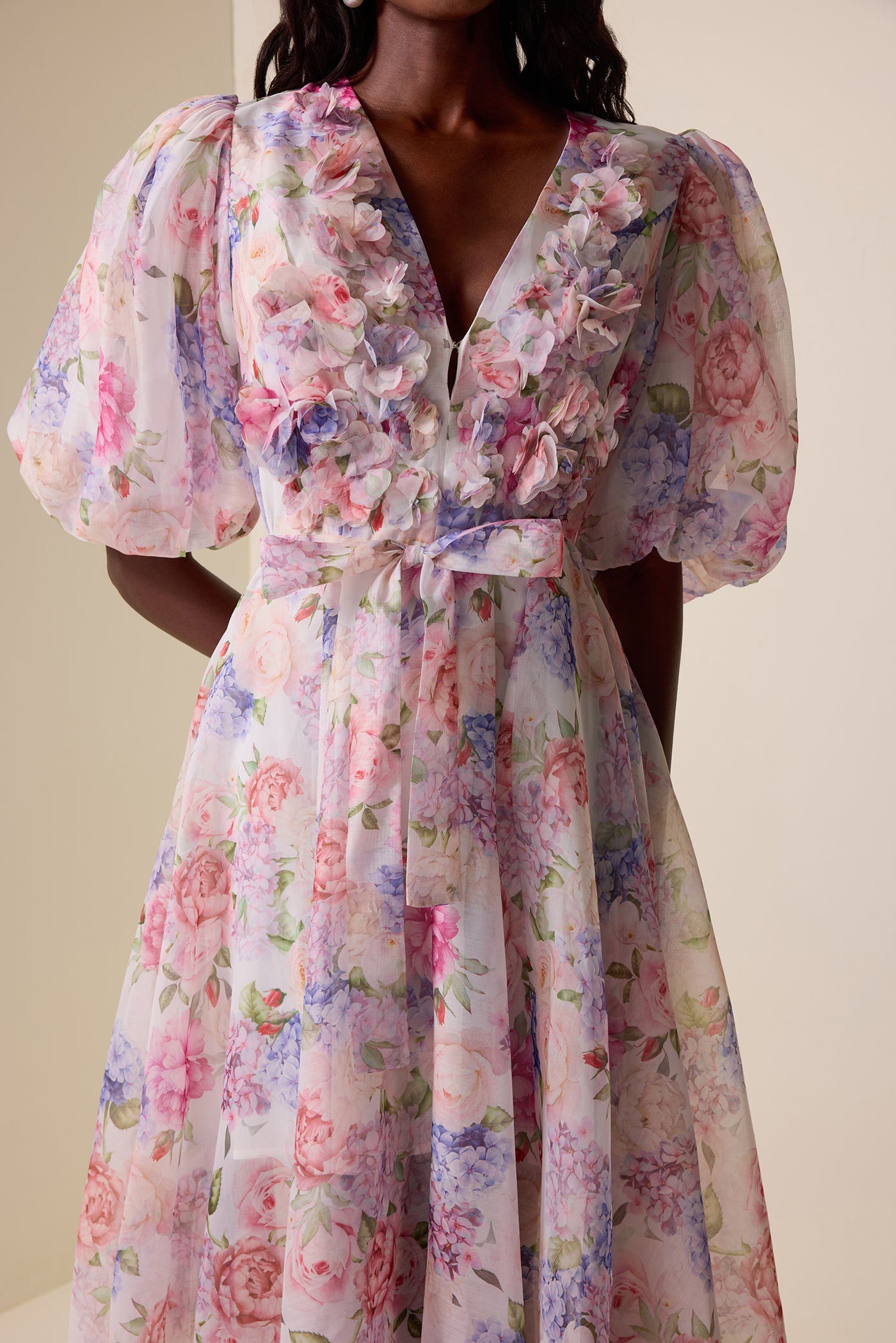 Reyanna™ | Floral V-Neck Lantern Sleeve Midi Dress
