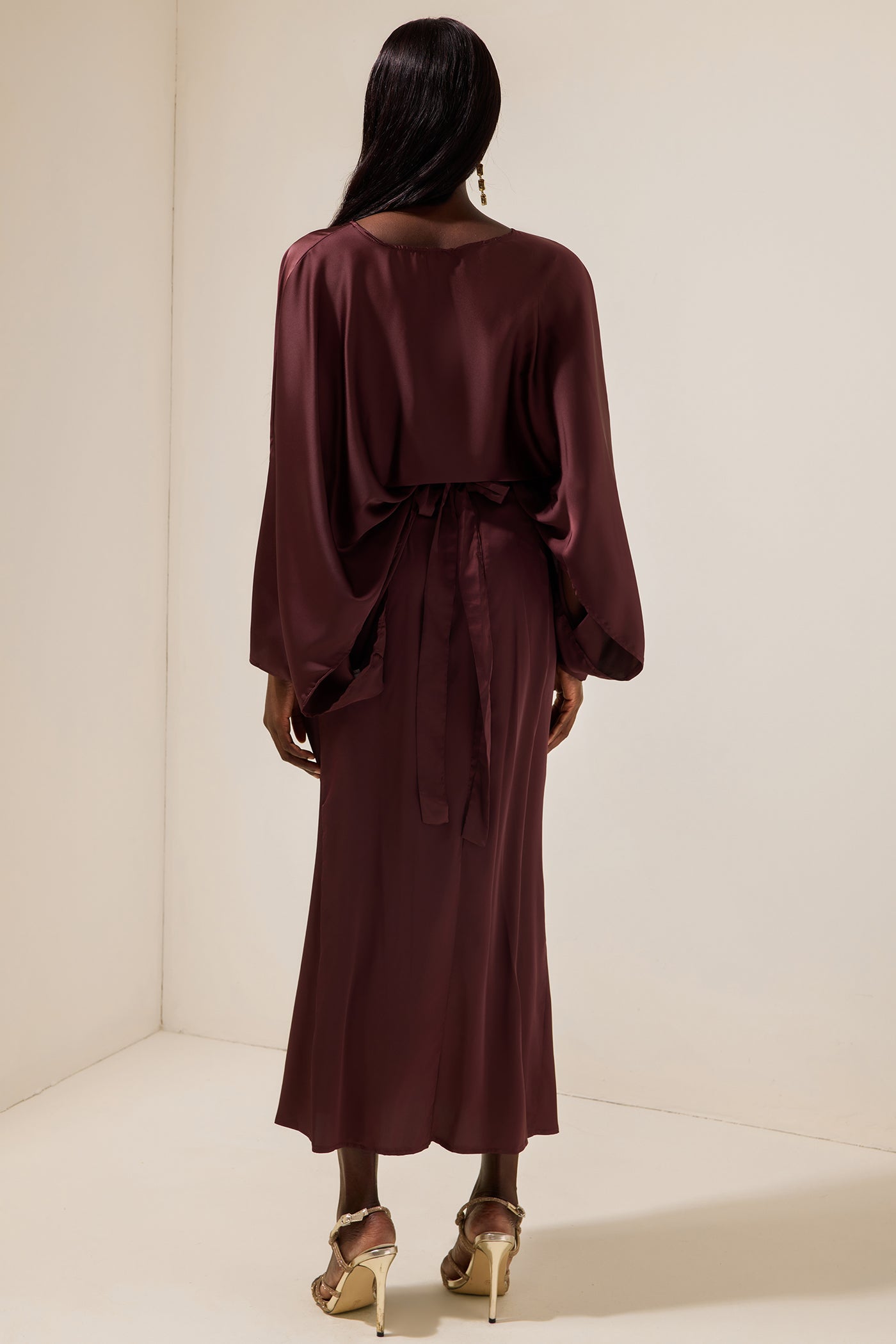Reyanna™ | Satin Batwing Sleeve Top & Wrap Dress Midi Skirt Set