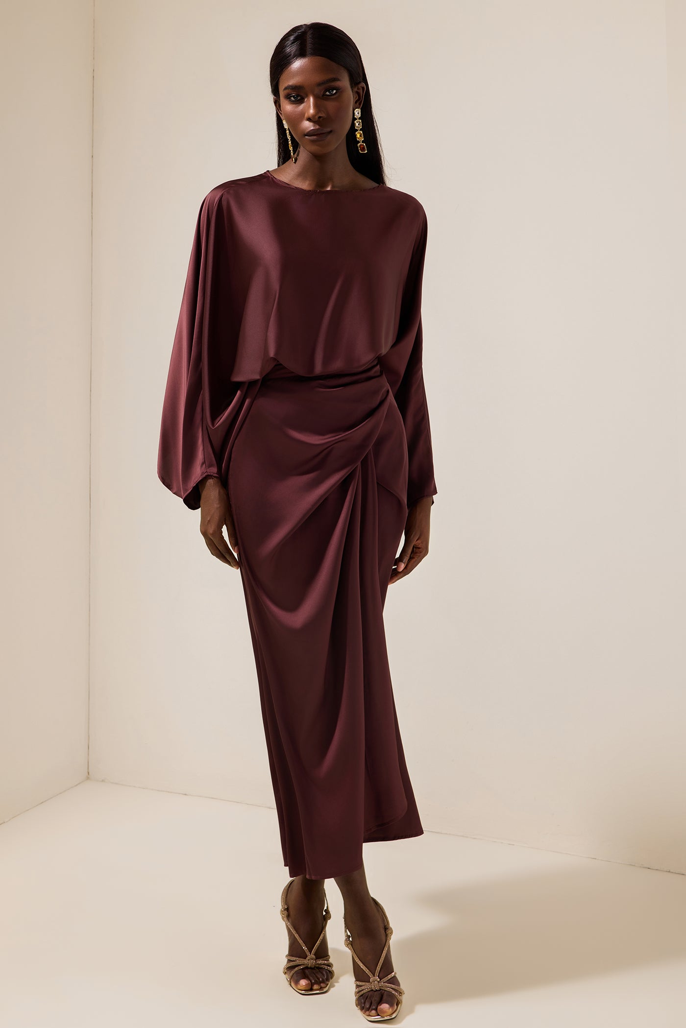 Reyanna™ | Satin Batwing Sleeve Top & Wrap Dress Midi Skirt Set
