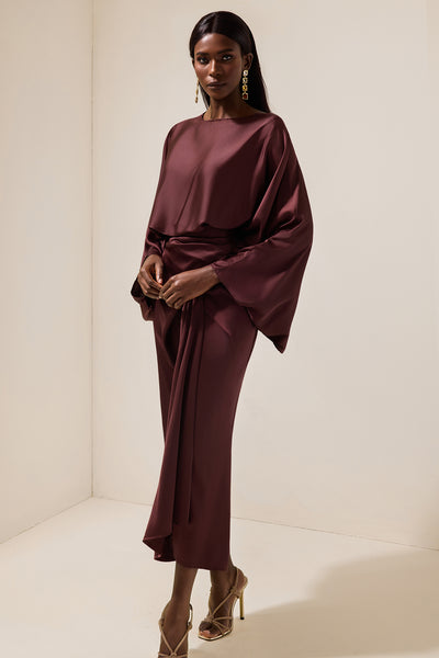 Reyanna™ | Satin Batwing Sleeve Top & Wrap Dress Midi Skirt Set