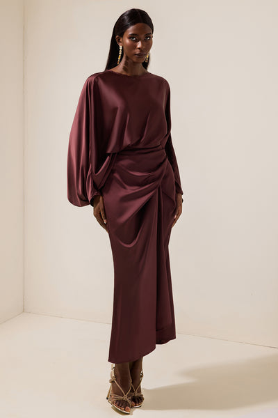 Reyanna™ | Satin Batwing Sleeve Top & Wrap Dress Midi Skirt Set