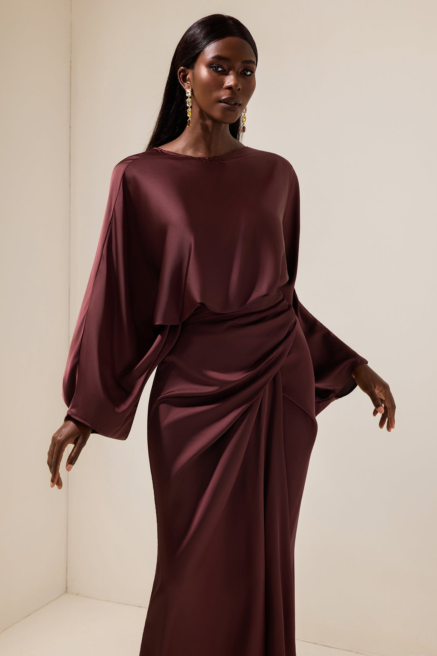 Reyanna™ | Satin Batwing Sleeve Top & Wrap Dress Midi Skirt Set