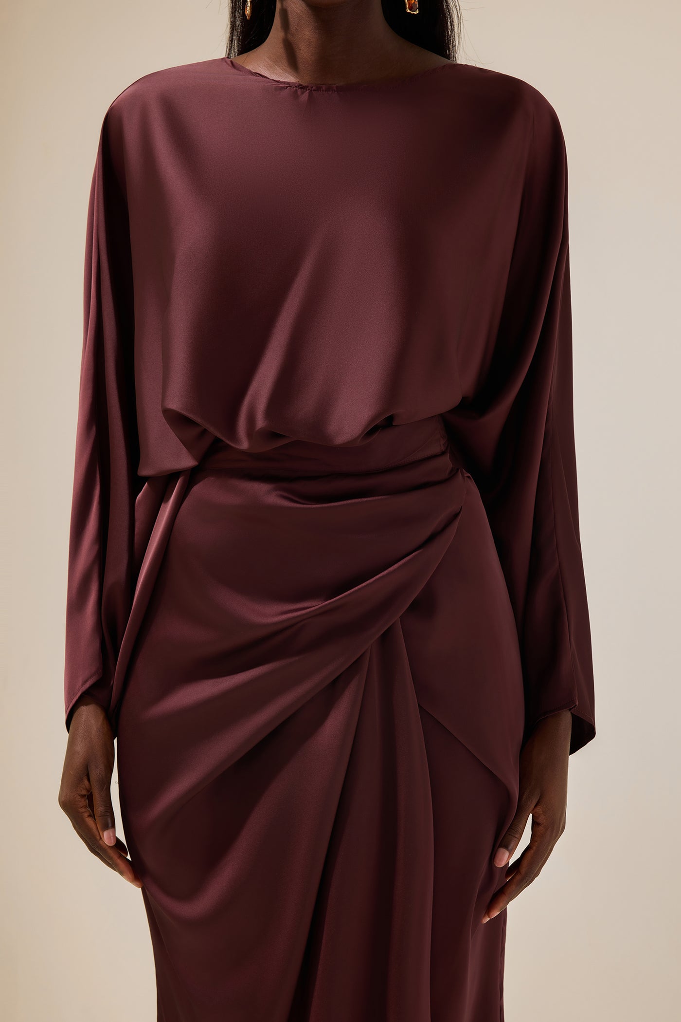 Reyanna™ | Satin Batwing Sleeve Top & Wrap Dress Midi Skirt Set