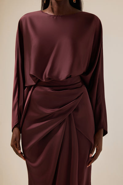 Reyanna™ | Satin Batwing Sleeve Top & Wrap Dress Midi Skirt Set
