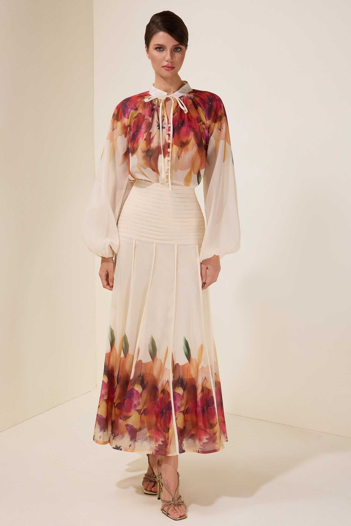 Reyanna™ | Floral Lace-Up Top & Pleated High Waist Midi Skirt Set