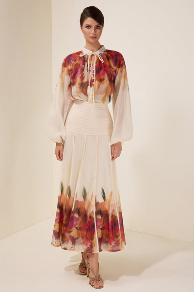 Reyanna™ | Floral Lace-Up Top & Pleated High Waist Midi Skirt Set