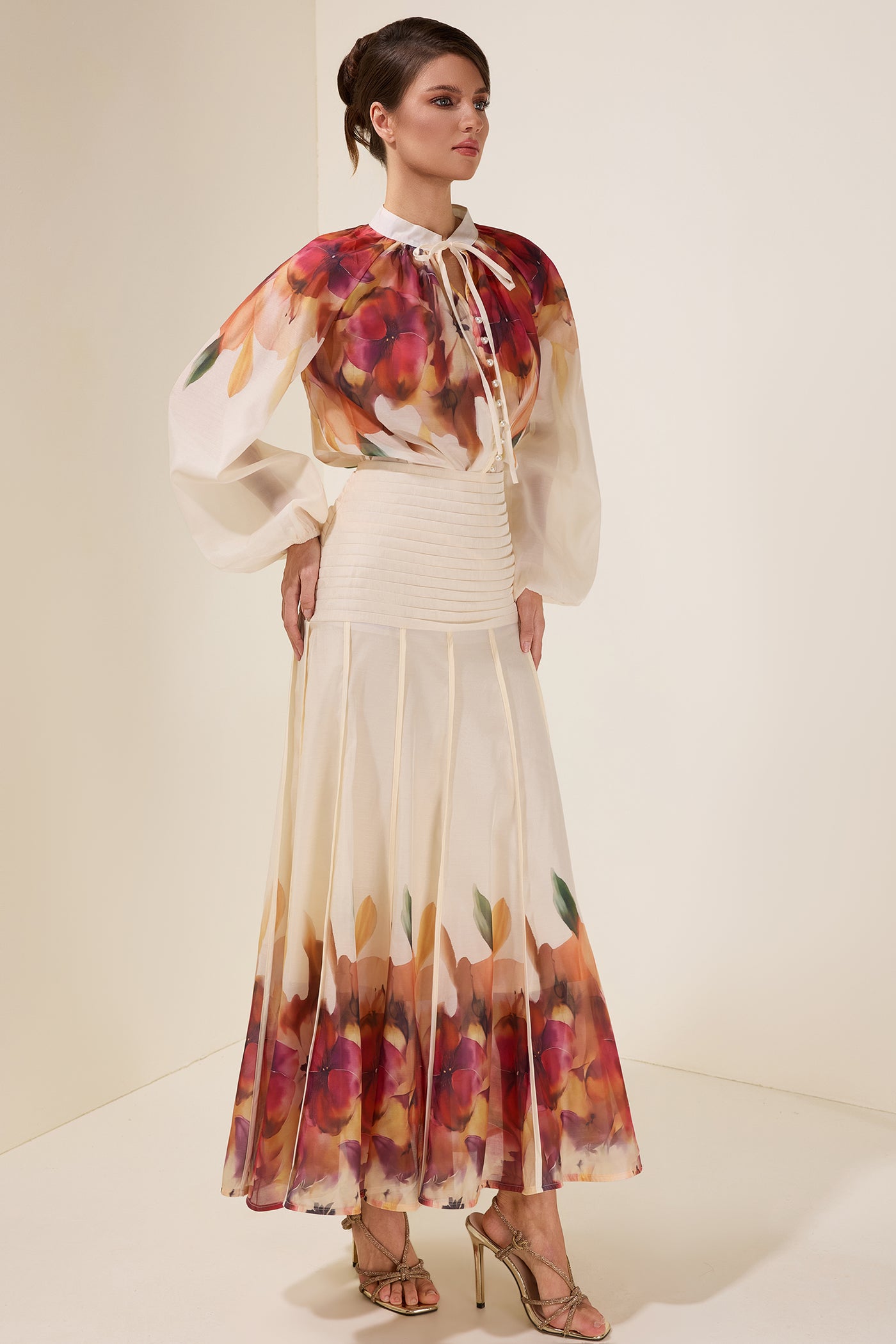 Reyanna™ | Floral Lace-Up Top & Pleated High Waist Midi Skirt Set