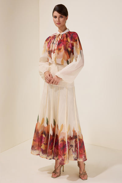 Reyanna™ | Floral Lace-Up Top & Pleated High Waist Midi Skirt Set