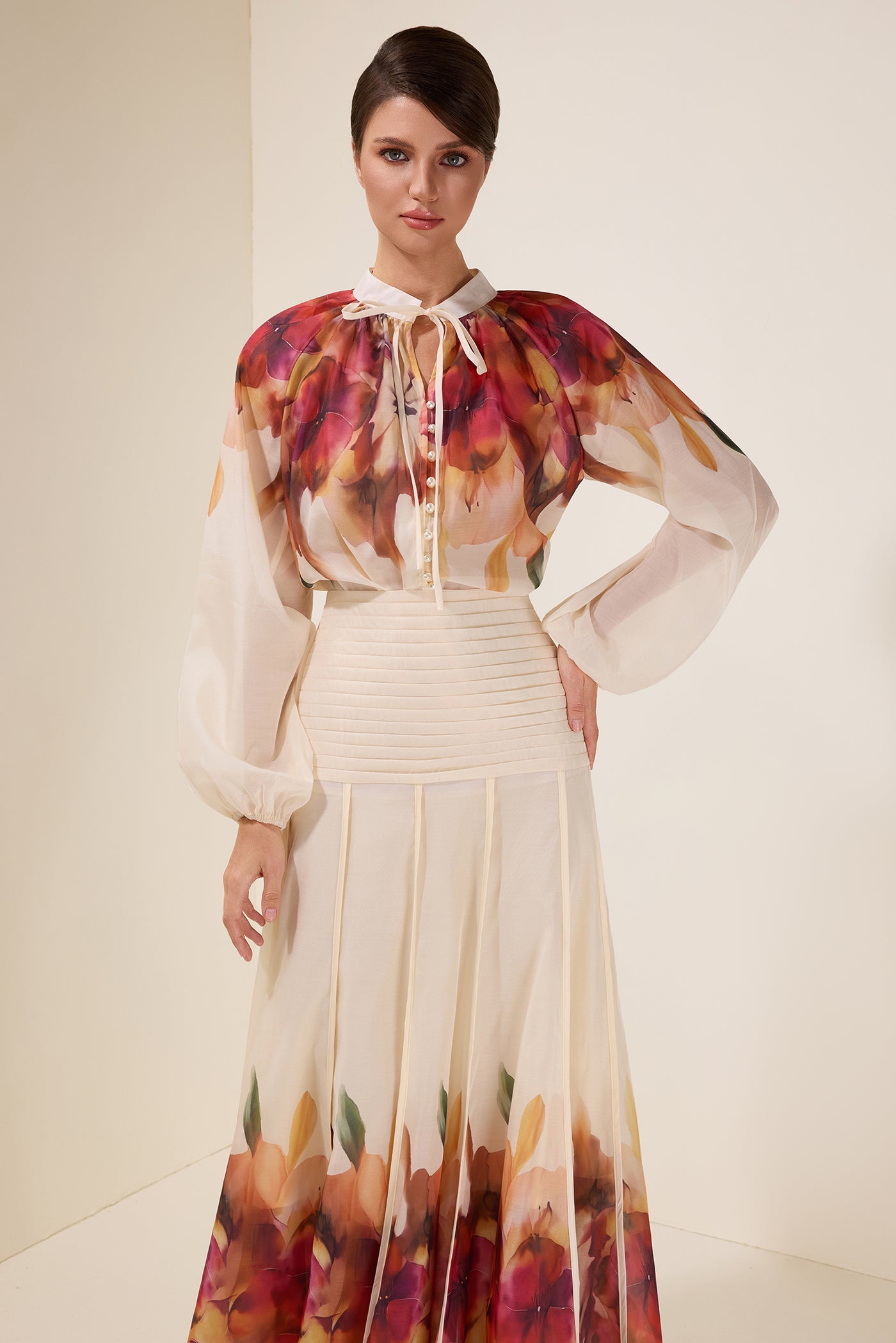 Reyanna™ | Floral Lace-Up Top & Pleated High Waist Midi Skirt Set