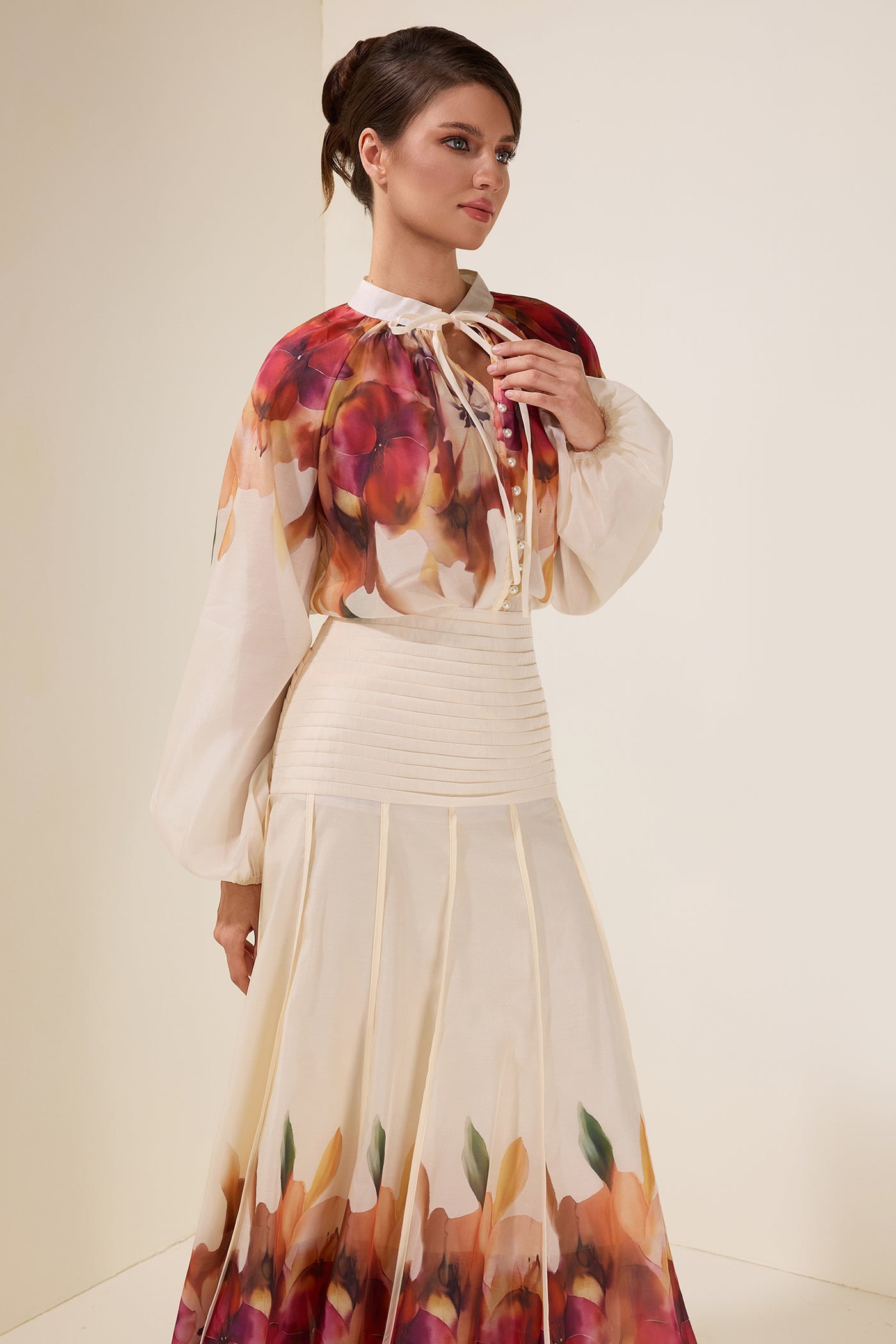 Reyanna™ | Floral Lace-Up Top & Pleated High Waist Midi Skirt Set