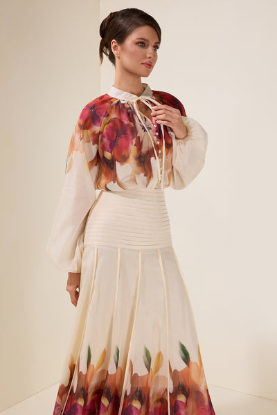 Reyanna™ | Floral Lace-Up Top & Pleated High Waist Midi Skirt Set