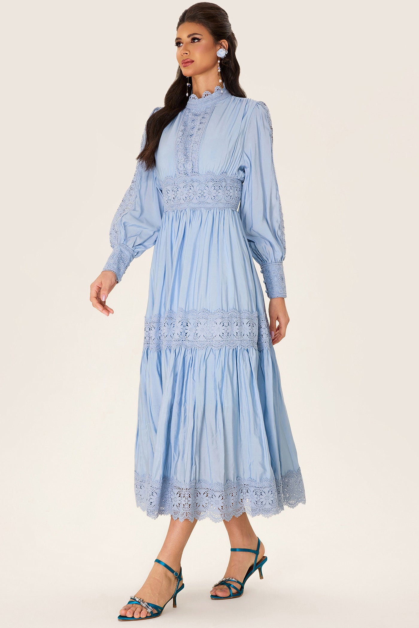 Reyanna™ | Lace Lantern Sleeve Solid Midi Dress