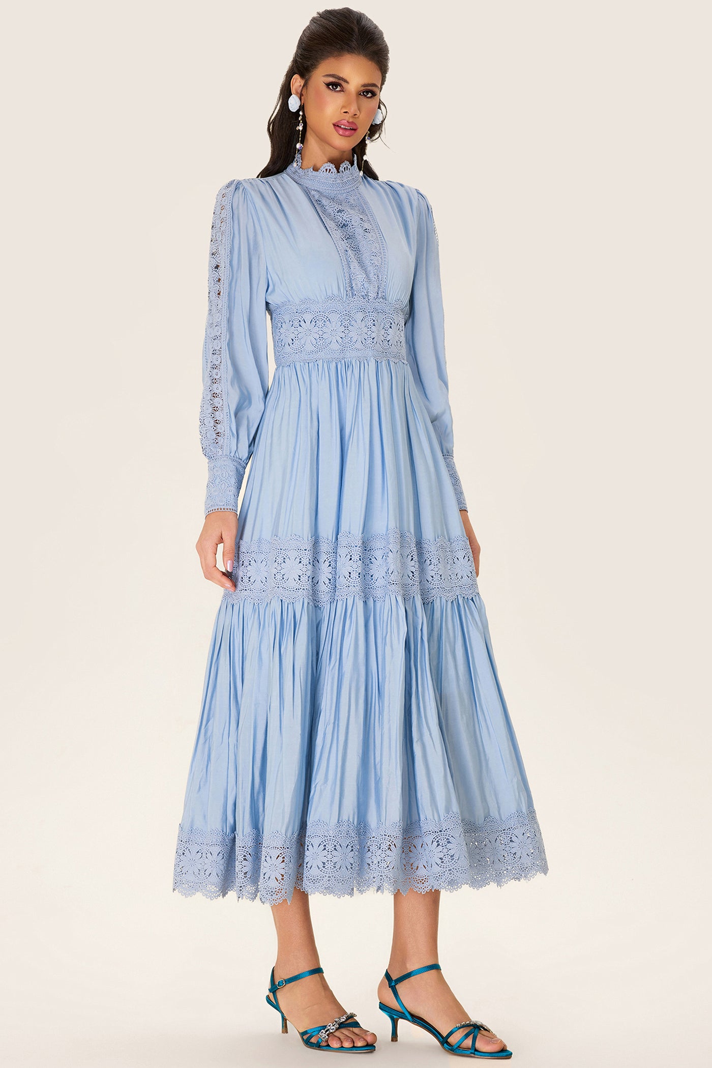 Reyanna™ | Lace Lantern Sleeve Solid Midi Dress