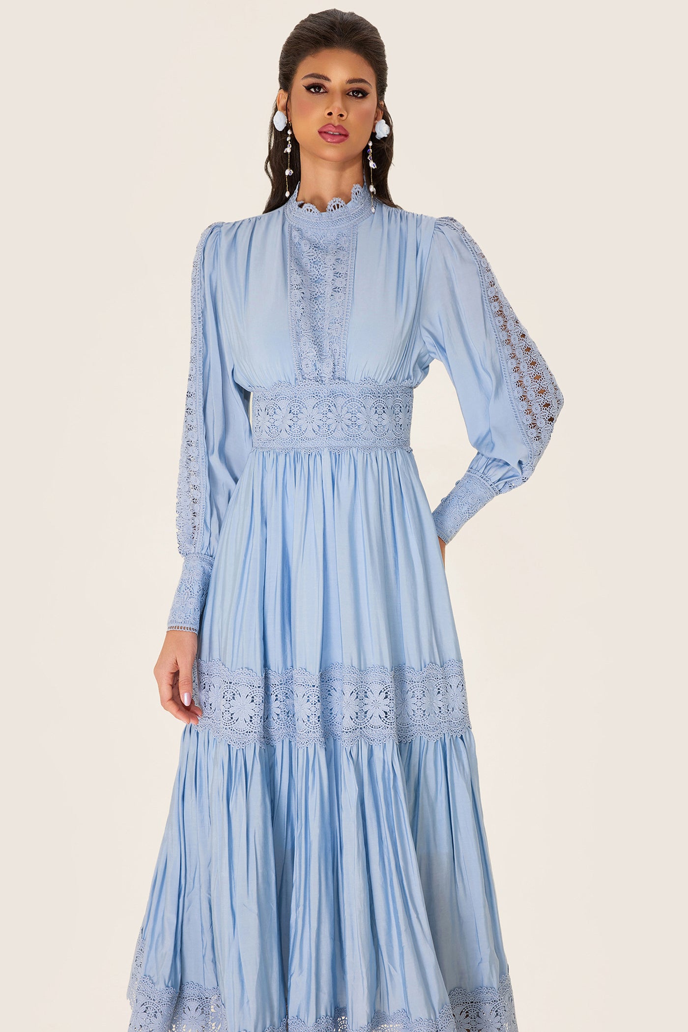 Reyanna™ | Lace Lantern Sleeve Solid Midi Dress