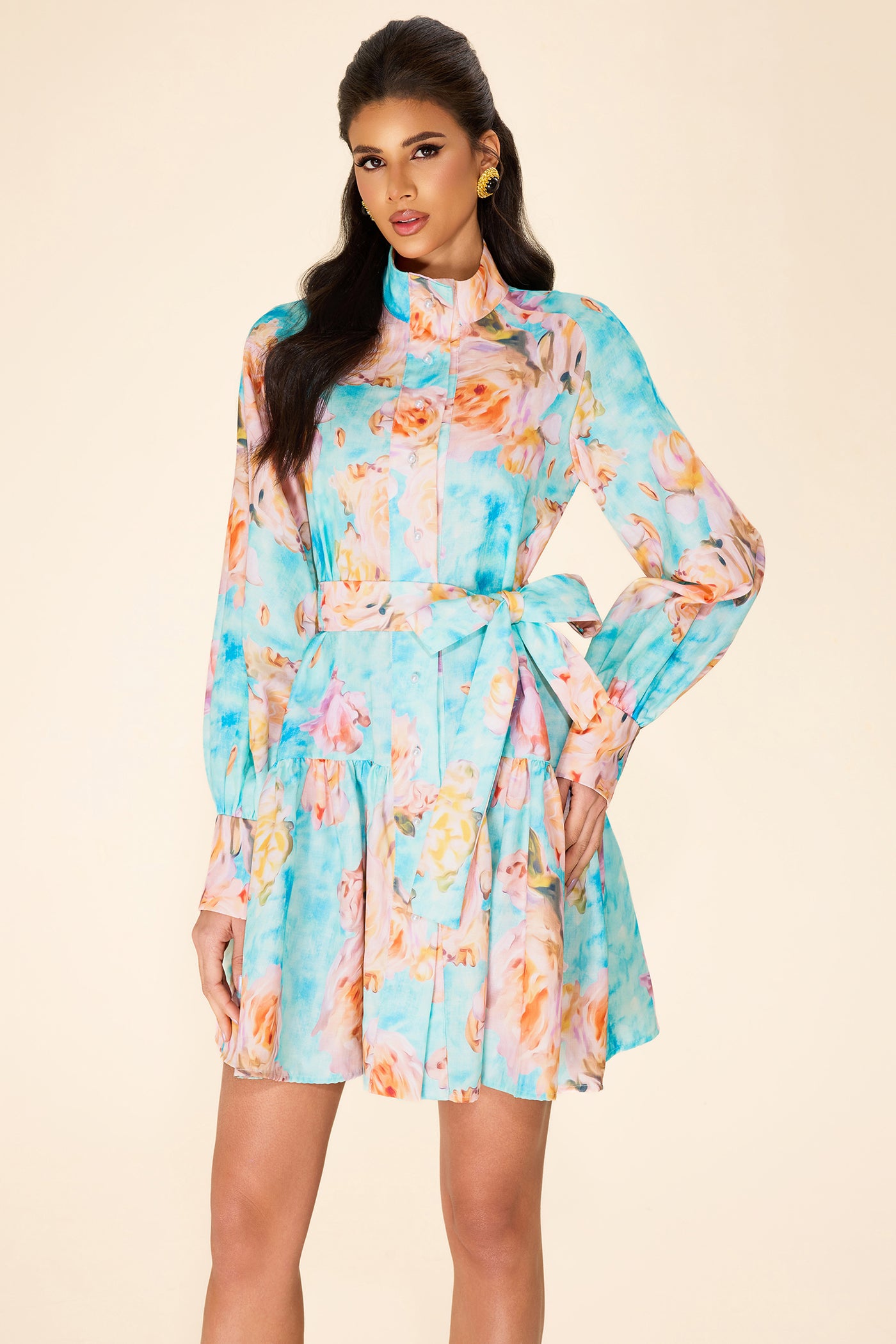 Reyanna™ | Floral Lantern Sleeve Mini Dress With Belt