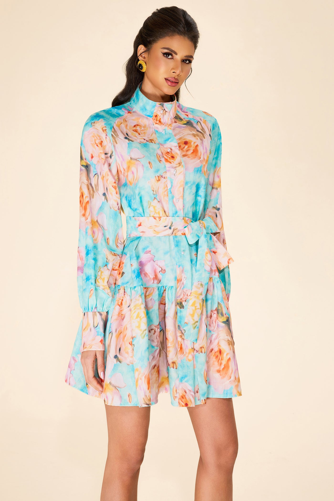 Reyanna™ | Floral Lantern Sleeve Mini Dress With Belt