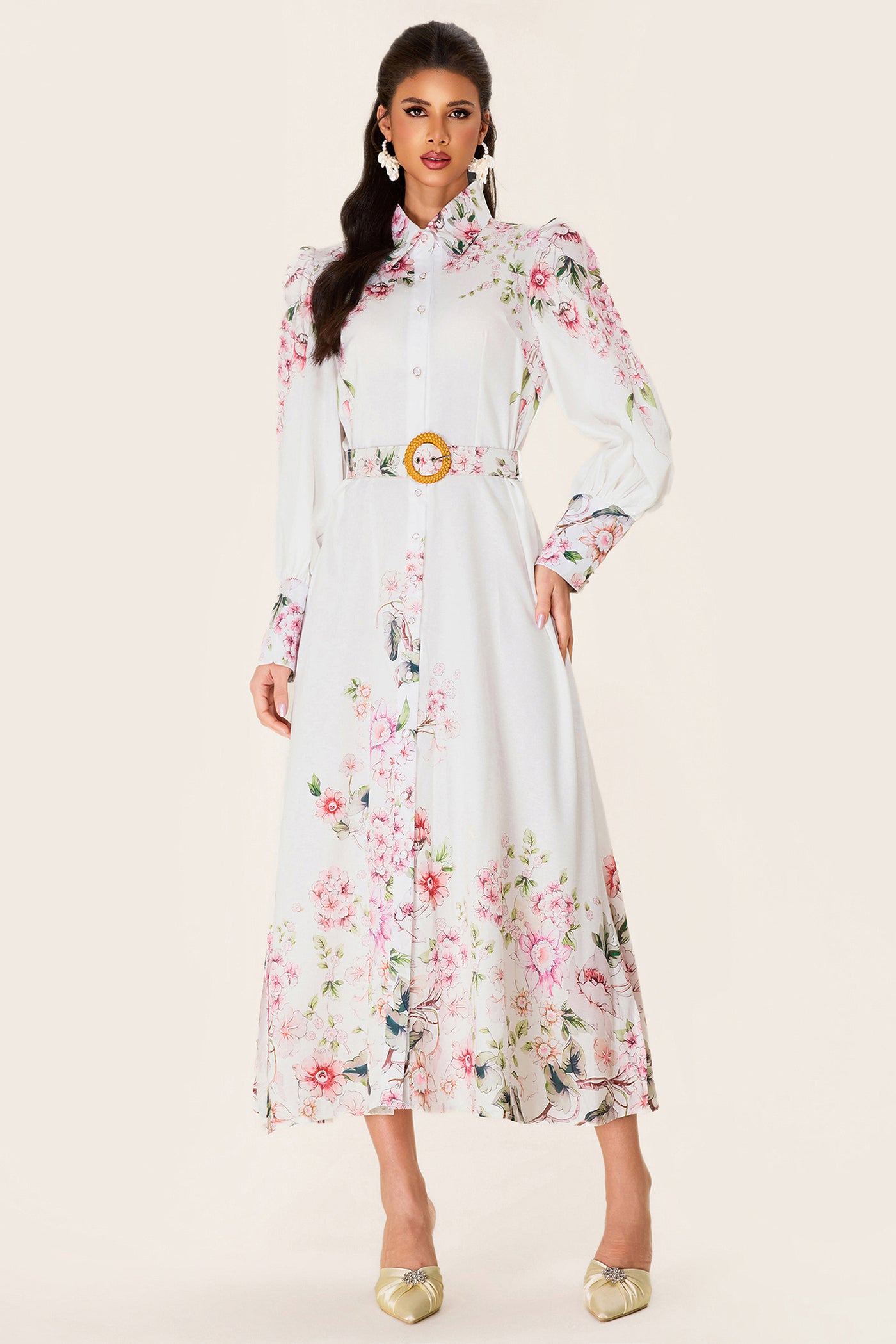 Reyanna™ | Floral Lantern Sleeve Midi Dress With Belt