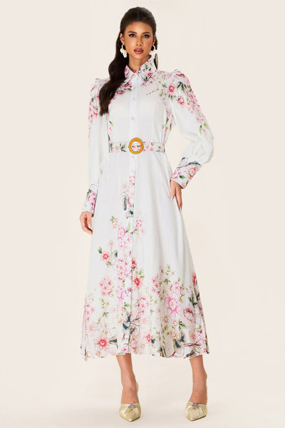 Reyanna™ | Floral Lantern Sleeve Midi Dress With Belt