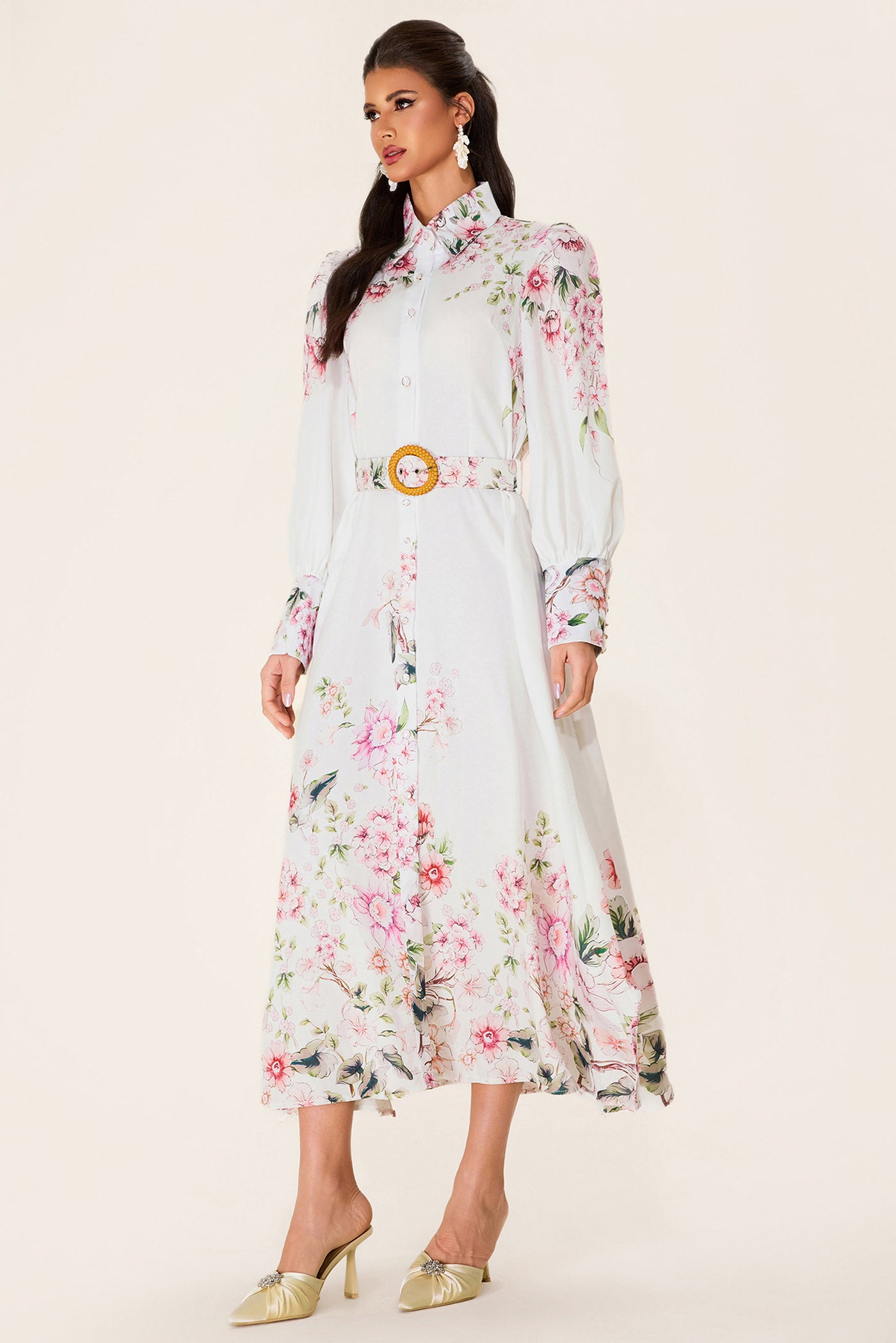 Reyanna™ | Floral Lantern Sleeve Midi Dress With Belt