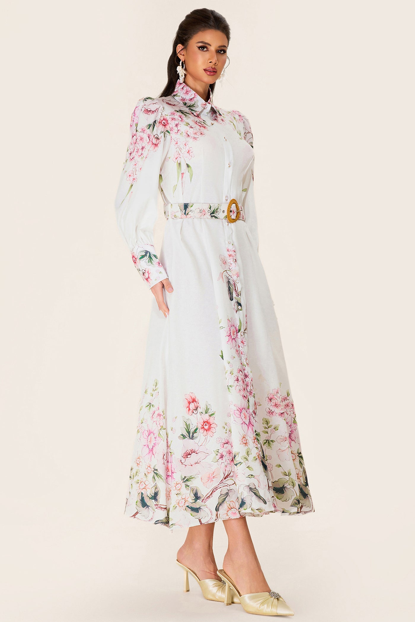Reyanna™ | Floral Lantern Sleeve Midi Dress With Belt