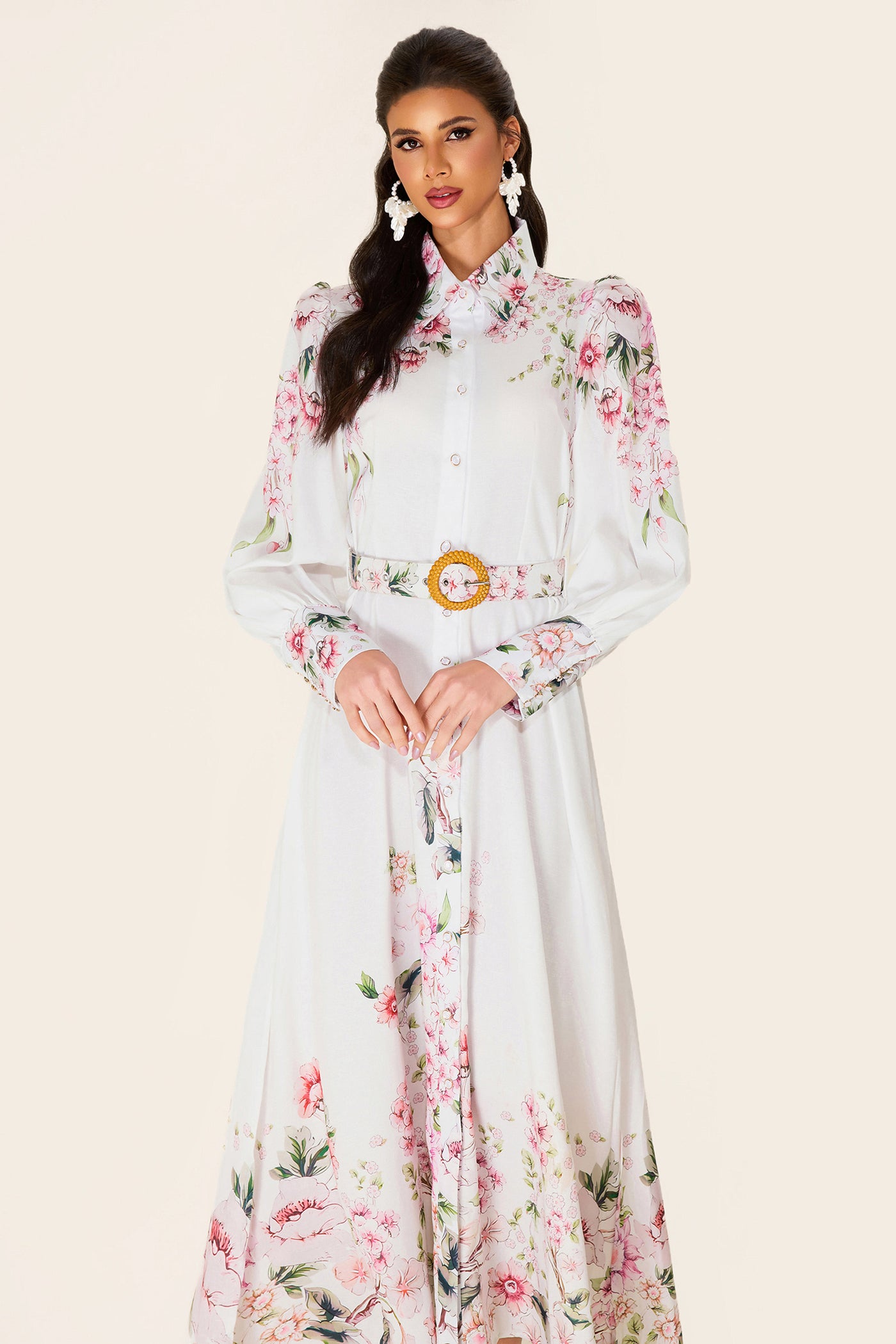 Reyanna™ | Floral Lantern Sleeve Midi Dress With Belt