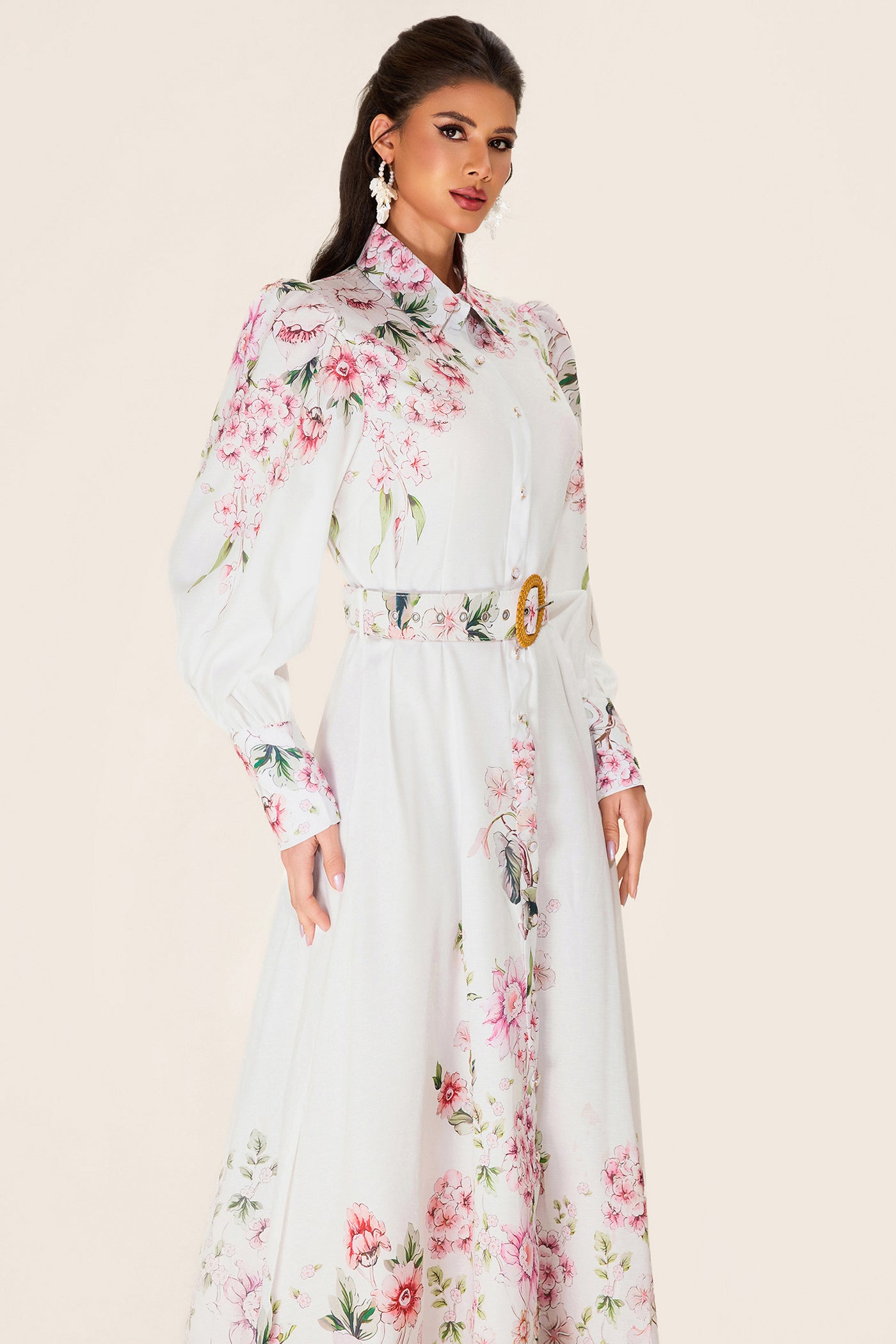 Reyanna™ | Floral Lantern Sleeve Midi Dress With Belt