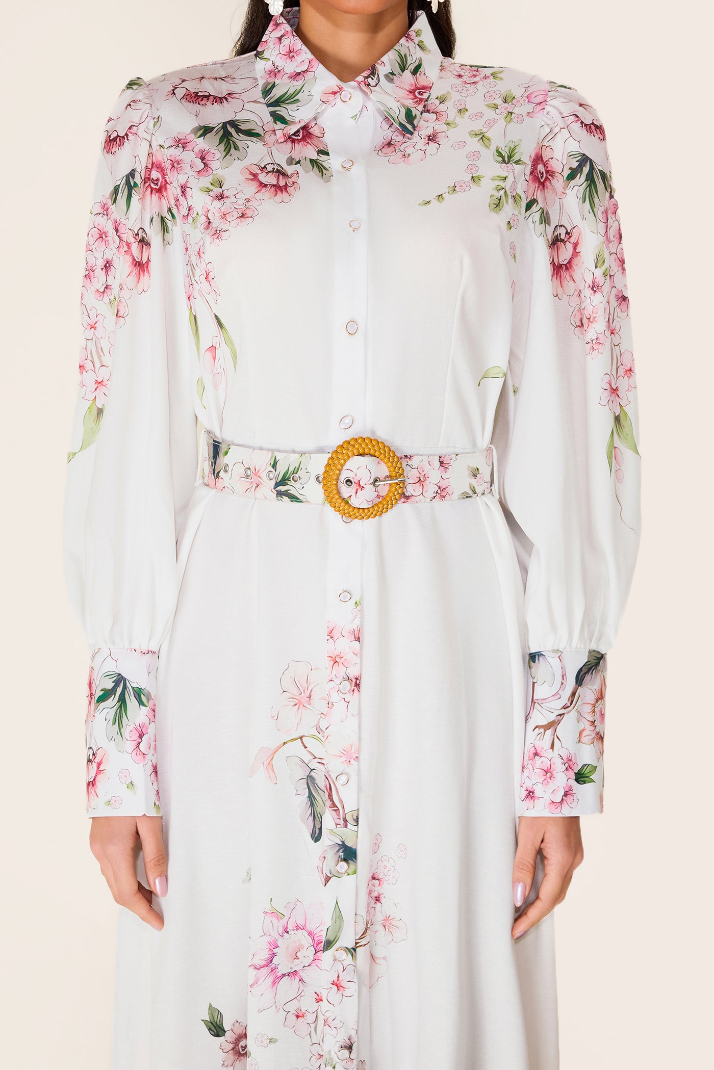 Reyanna™ | Floral Lantern Sleeve Midi Dress With Belt