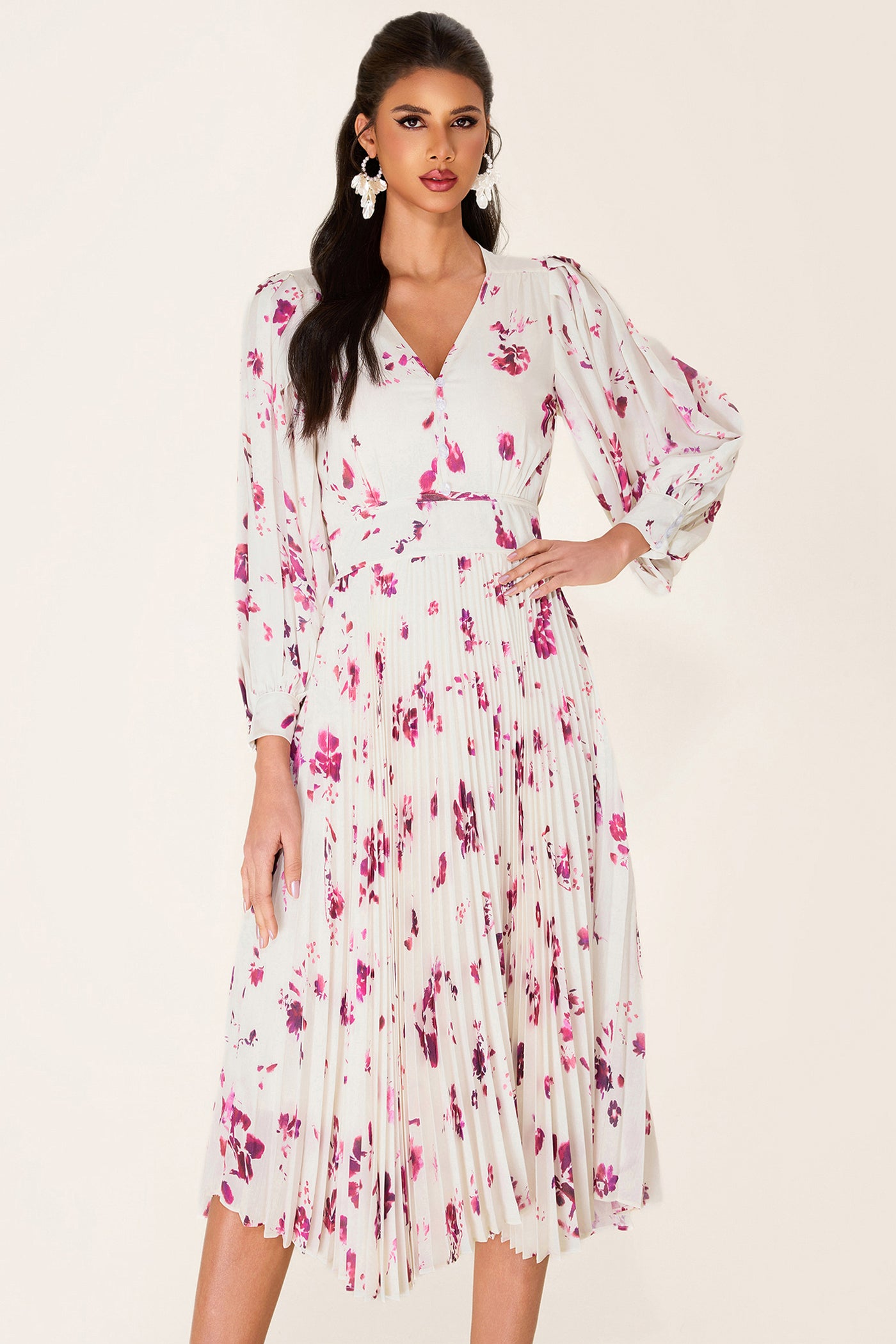 Reyanna™ | Chiffon Floral V-Neck Midi Dress