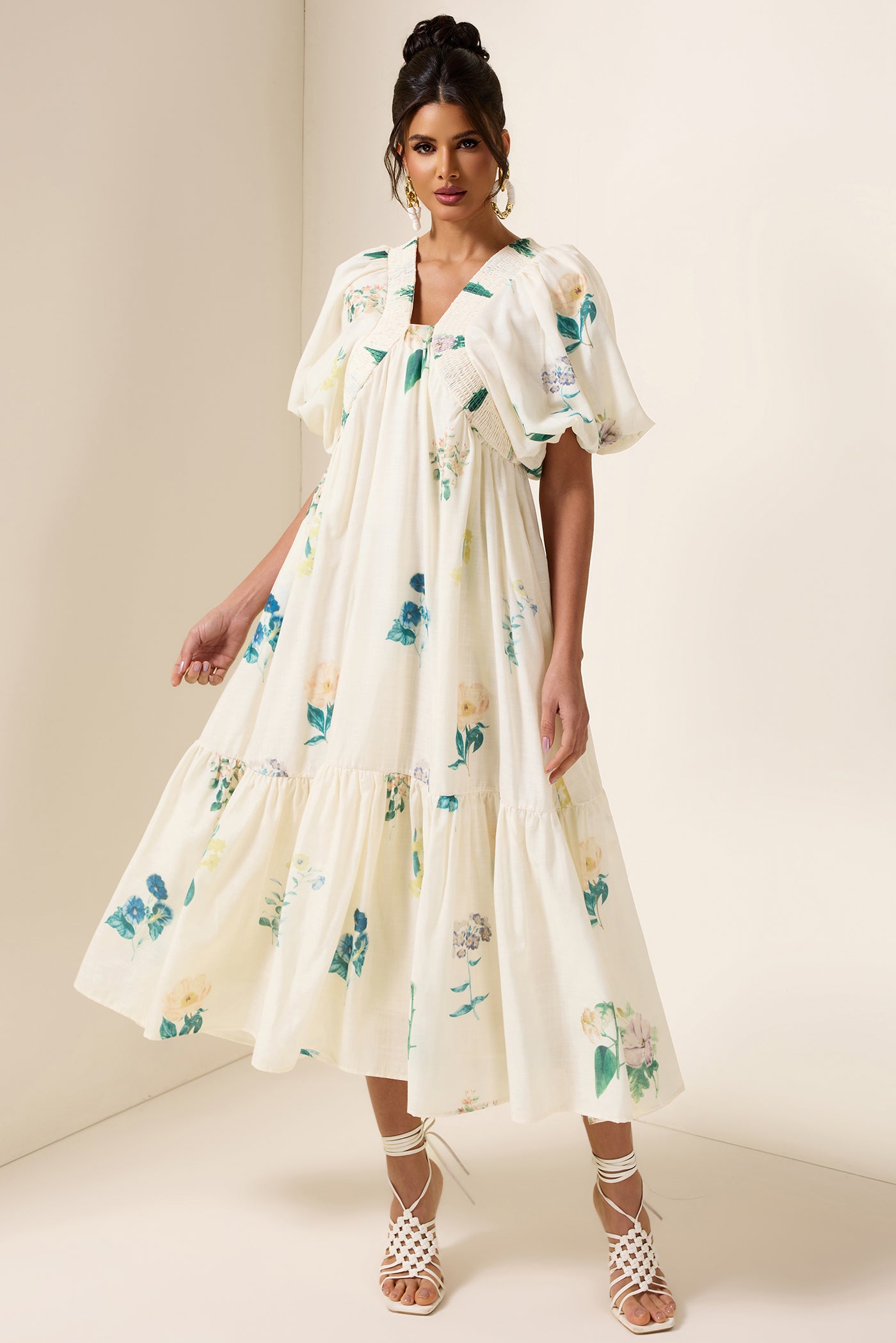 Reyanna™ | Floral Puff Sleeve Smocking Midi Dress