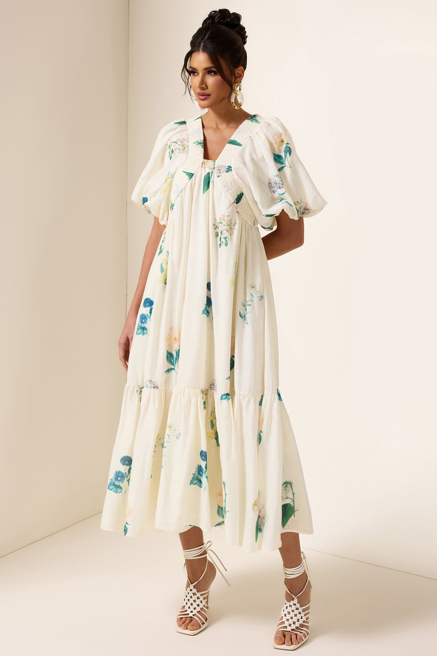 Reyanna™ | Floral Puff Sleeve Smocking Midi Dress
