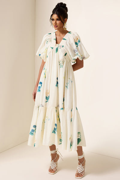 Reyanna™ | Floral Puff Sleeve Smocking Midi Dress